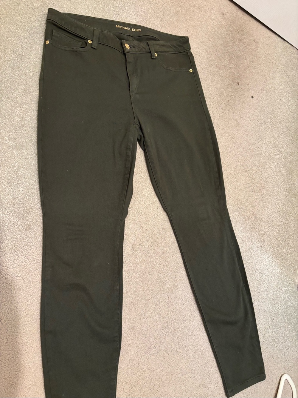 Michael Kors Dark Olive Skinny Jeans with Gold Hardware